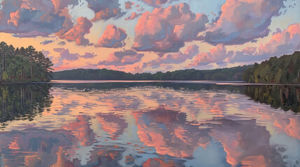 Sunset over calm lake reflected in water