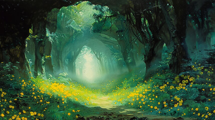 Enchanted forest path with yellow flowers