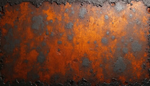 Grunge background with rough texture. Rusty orange and grey abstract pattern. Aged metal surface with weathered decay. Dark border and rough edges.