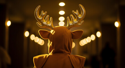Child in Reindeer Costume Walking Indoors