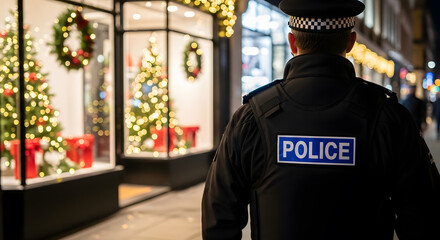 Police Officer Walking Under Christmas Lights