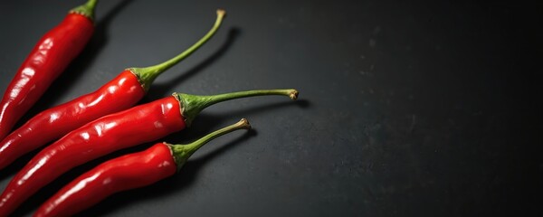 Red chili peppers on black background. Vibrant red chilies with green stems. Spicy food ingredient. Close up photo of hot pepper pods. Culinary backdrop. Perfect for food blogs or restaurants.