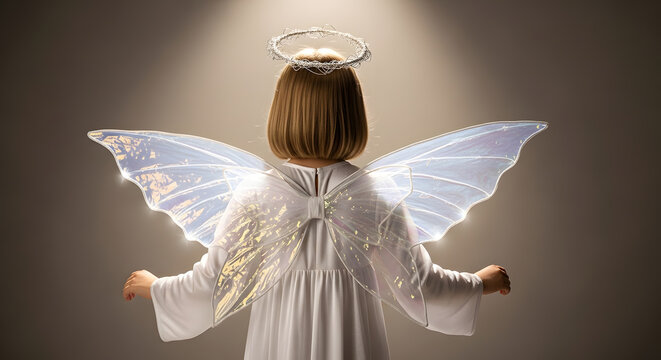 Child with back turned, dressed as an angel, translucent wings reflecting soft white light, background with artificial snow and Christmas bokeh