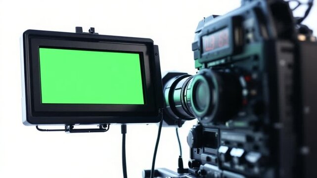 Professional video camera with green screen monitor.
