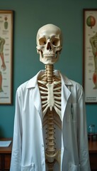 Realistic human skeleton model wears white lab coat. Stands in modern medical science classroom. Detailed anatomy charts hang on teal wall. Teaching aid helps students learn human bone structure,