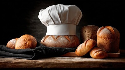 Assortment of freshly baked loaves rests beneath a tall white culinary hat on a dark wooden surface