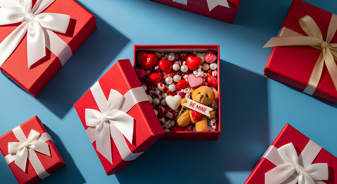 Red gift boxes with bows and heart decorations arranged on a blue background, creating a romantic and festive Valentines Day theme. - Powered by Adobe