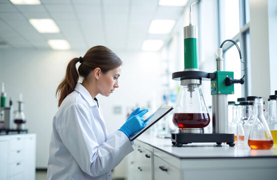 Young female scientist in blue gloves and lab coat uses tablet by chemical apparatus. Researcher monitors liquid reaction in flask at lab table. Woman analyzes data, works with scientific equipment.
