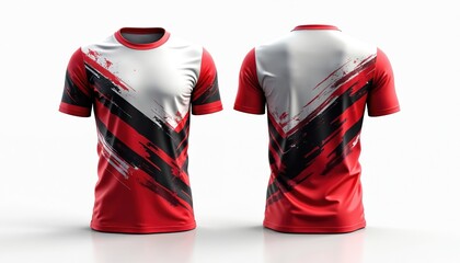 Red black sports t-shirt mockup with abstract brush stroke pattern. Front, back views of athletic jersey template. Modern apparel for football soccer team uniform. Clothing design for gym workout,