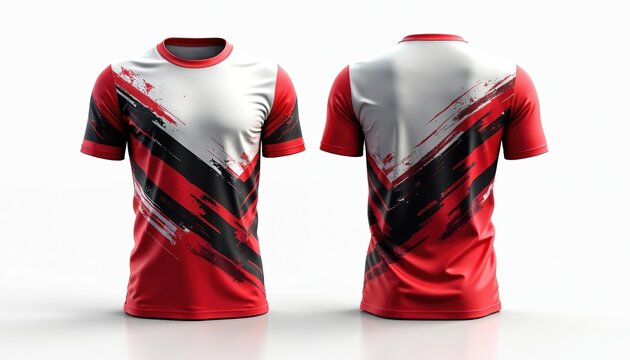 Red black sports t-shirt mockup with abstract brush stroke pattern. Front, back views of athletic jersey template. Modern apparel for football soccer team uniform. Clothing design for gym workout,