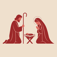 Vector illustration of minimal nativity scene with Joseph, Mary and baby Jesus in manger. Concept of Christian faith, Christmas tradition and religious celebration