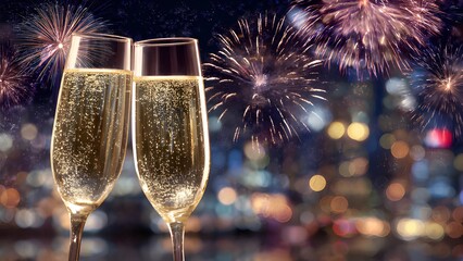 Celebratory New Year's Eve event scene. Toast new year champagne with background fireworks celebration. Champagne fireworks celebration. Two glasses of sparkling wine champagne toasting skyline.