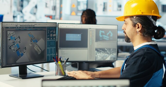 Solar panels manufacturing plant technician uses CAD program to optimize layouts. Photovoltaics factory staff member doing arrangements for maximum renewable energy output, camera B
