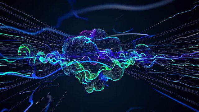 Abstract video of a digital brain with neon lines. Side angle captures dynamic energy and futuristic style against a dark background. Live desktop wallpaper.