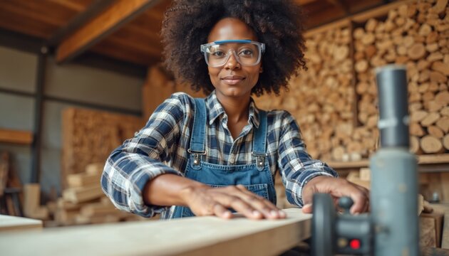 Multiracial woman carpenter wears goggles and denim overalls in woodshop. She confidently works with wood plank on workbench, creating furniture, showing skill and expertise in her trade.