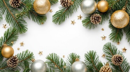 the pine and christmas decorations on a white background