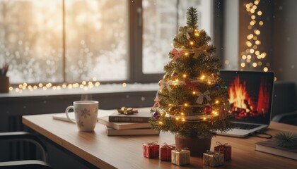 Mini Christmas tree on desk with warm lights reflecting cozy workspace mood during winter holiday season