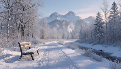 Snowy riverside trail with empty bench facing alpine peaks evoking winter travel mood, solitude, reflection and seasonal holiday inspiration