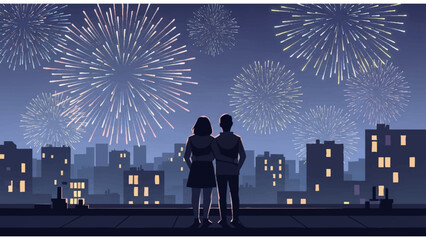 romantic rooftop fireworks illustration with couple silhouette overlooking city skyline at night