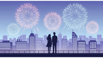 romantic rooftop fireworks illustration with couple silhouette overlooking city skyline at night
