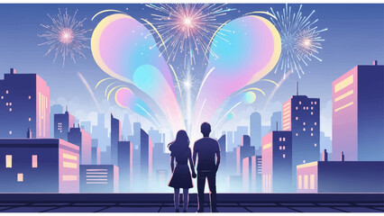 romantic fireworks illustration with two people sitting by lake under starry dusk sky and mountain view
