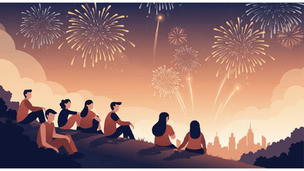 group watching fireworks over city skyline from grassy hill in festive nighttime celebration scene