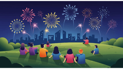 group watching fireworks over city skyline from grassy hill in festive nighttime celebration scene