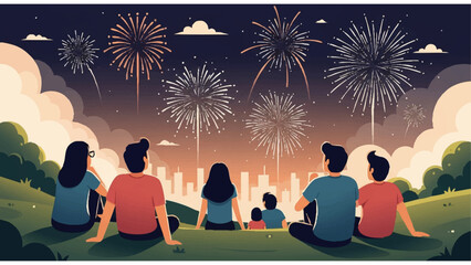 group watching fireworks over city skyline from grassy hill in festive nighttime celebration scene
