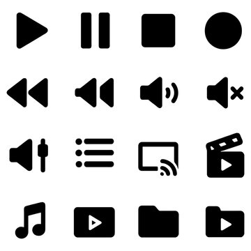 Media Icons: A collection of sleek, minimalist media icons, perfectly designed for digital interfaces. The symbols offer a concise and user-friendly guide to media functionalities. 