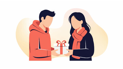 minimalist gift-giving illustration with two people in pastel gradient background sharing a small present