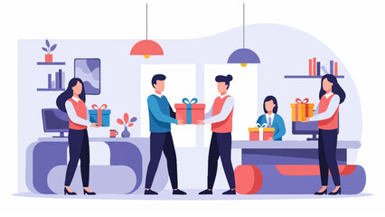 office gift exchange illustration with coworkers celebrating in modern workspace with desks and couch
