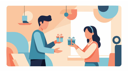 gift exchange illustration in cozy indoor setting with modern decor and warm social interaction