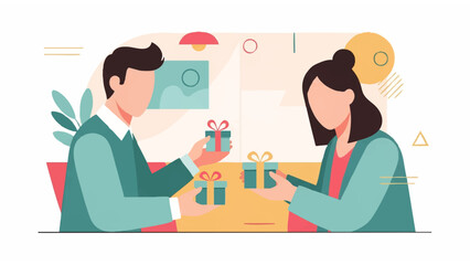 gift exchange illustration in cozy indoor setting with modern decor and warm social interaction