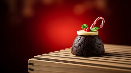 Festive Christmas pudding decorated with candy cane, holly berries on a wooden surface against red background