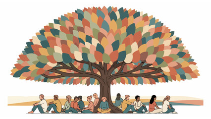 community gathering under autumn tree with multicolored leaves and peaceful outdoor activities