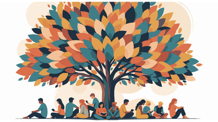 community gathering under autumn tree with multicolored leaves and peaceful outdoor activities
