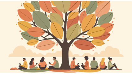 community gathering under autumn tree with multicolored leaves and peaceful outdoor activities