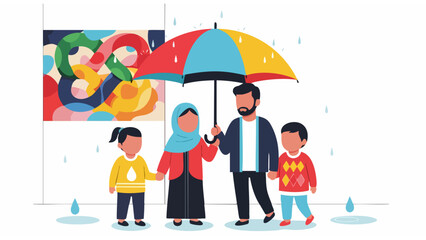 family standing under umbrella in rainy scene with colorful abstract background and coordinated outfits