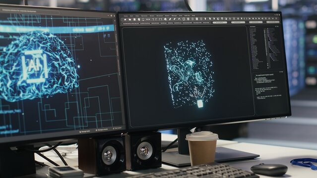 Close up of monitors in data center office overseeing hardware supporting AI training workflow. PC screens tracking servers processing machine learning datasets, handheld camera shot