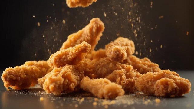 Golden brown Fried Chicken Tenders Falling with Seasoning