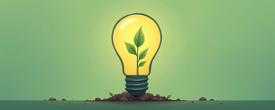 Sprout grows inside lightbulb in soil. Green concept. Light bulb represents new energy, future tech. Ecology friendly solution, clean planet, organic life, eco innovation. Green background with