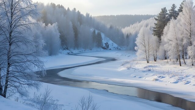 Winter Landscape with Frozen River and Snow Covered Trees