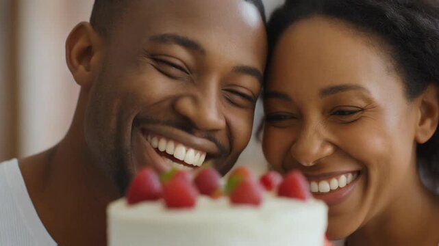 Happy couple smiling closely with a birthday cake in foreground, warm ambient light, soft background blur creating an intimate and celebratory mood.