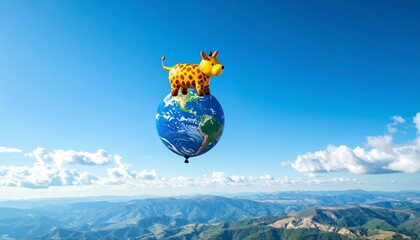 Whimsical image of a cow standing on planet earth balloon.