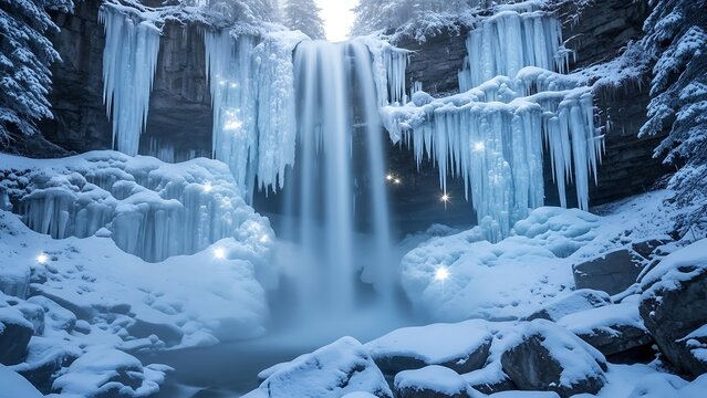Frozen Waterfall with Icicles in Snowy Landscape