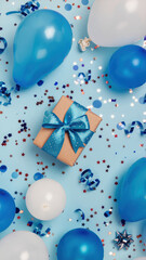 Blue balloon holiday background with gift box and ribbon creating festive joyful scene full of confetti and celebration
