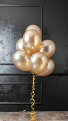Gold balloons against dark textured background holiday celebration with ribbon and elegant metallic sheen creating festive mood