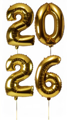 Golden number balloons float against white background celebrating holiday with shiny metallic reflection and festive atmosphere