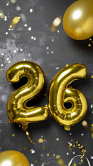 Gold foil number balloons 26 against dark background with confetti ribbon and holiday sparkle creating festive mood