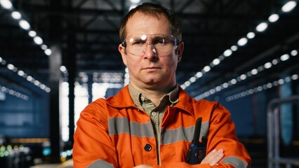 Warehouse employee checks construction tools near heavy metal equipment, managing industrial...